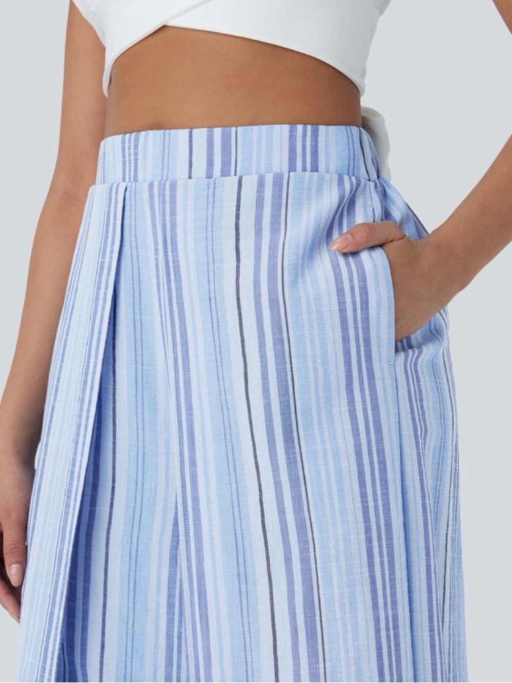 Halara Striped Blue Wide-Leg Split Pants - Picture 5 of 7